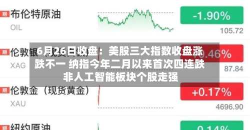 6月26日收盘：美股三大指数收盘涨跌不一 纳指今年二月以来首次四连跌 非人工智能板块个股走强