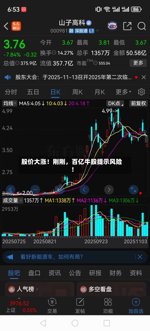 股价大涨！刚刚，百亿牛股提示风险！-第3张图片