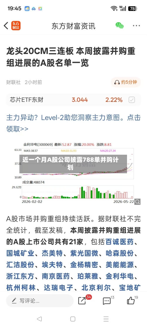 近一个月A股公司披露788单并购计划