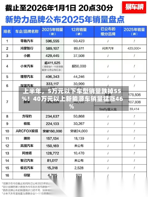 上半年	，5万元以下车型销量跌掉55%！40万元以上新能源车销量猛涨46%-第2张图片