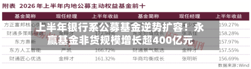 上半年银行系公募基金逆势扩容！永赢基金非货规模增长超400亿元