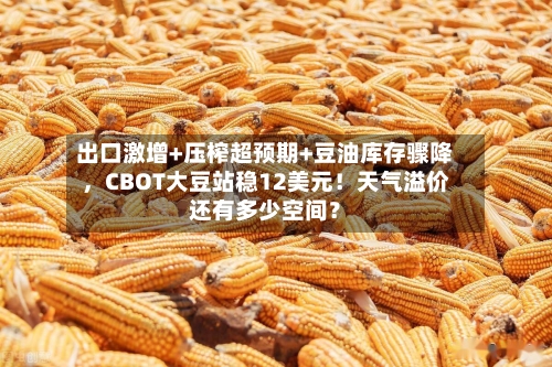 出口激增+压榨超预期+豆油库存骤降，CBOT大豆站稳12美元！天气溢价还有多少空间？
