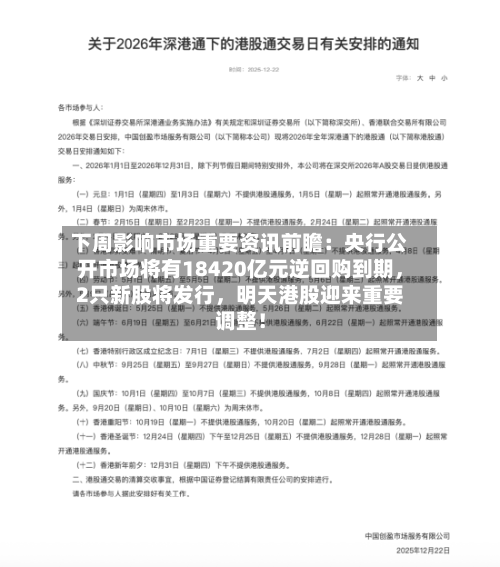 下周影响市场重要资讯前瞻：央行公开市场将有18420亿元逆回购到期，2只新股将发行，明天港股迎来重要调整！-第3张图片