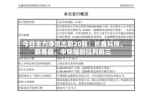 今日主力净流出前20股：长鑫科技、新易盛、中际旭创位列前三